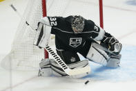 Los Angeles Kings goaltender Jonathan Quick makes a save during the second period of the team's NHL hockey game against the Colorado Avalanche on Thursday, Jan. 21, 2021, in Los Angeles. (AP Photo/Ashley Landis)