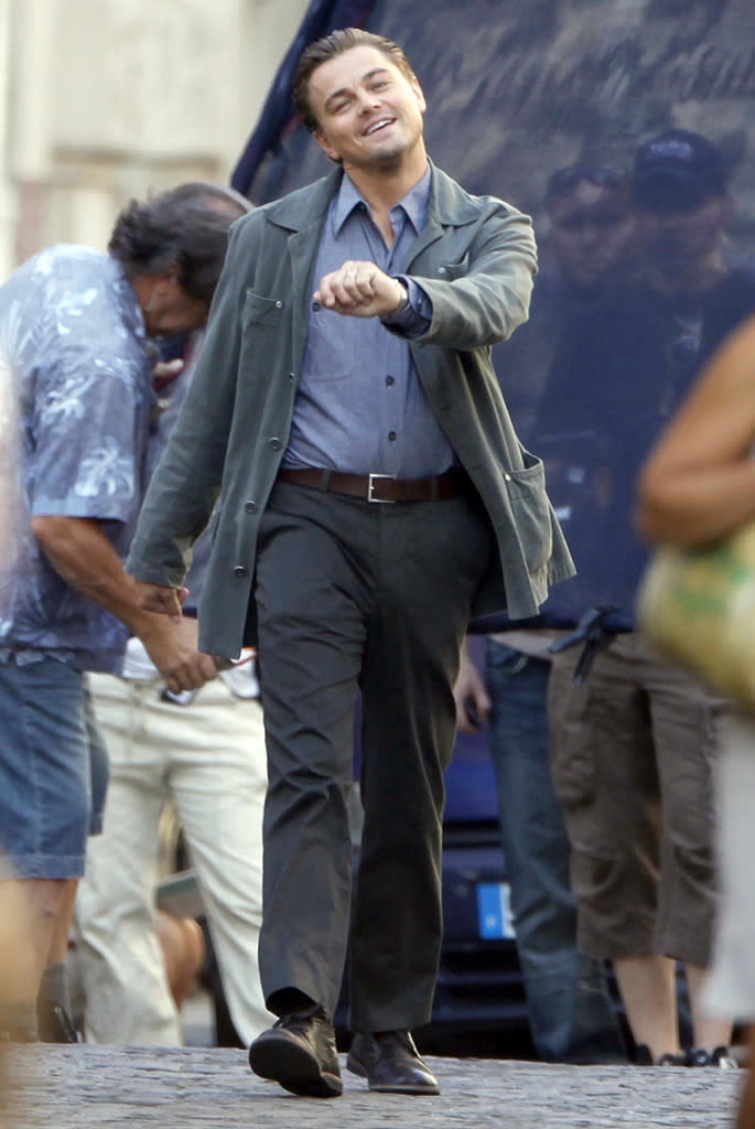 Leo walking on the set of Inception