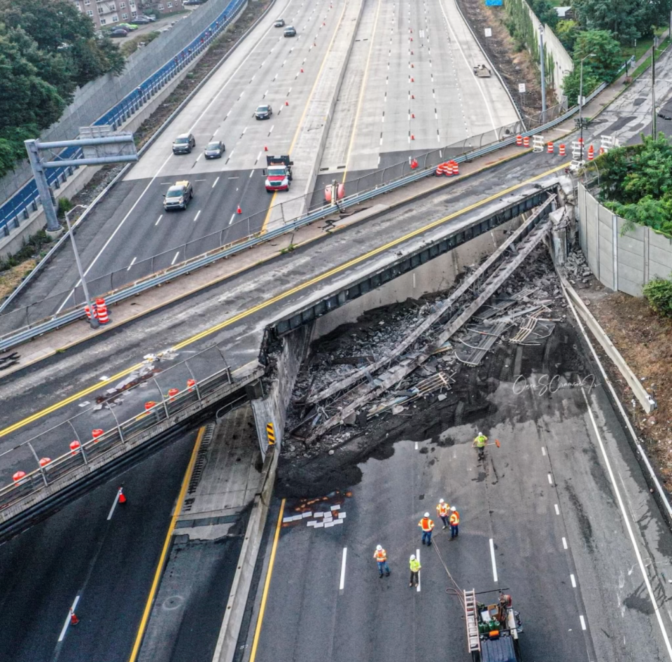 New York State Thruway workers repair the South Broadway overpass in South Nyack on Sept. 8, 2023, after an over-height truck struck the overpass on Aug. 31, 2023. The repairs led to the 16-hour closure of the southbound Thruway and Tappan Zee/Cuomo Bridge.