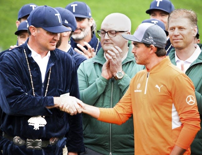 Chance Cozby, left, played golf at Oklahoma, but the Oklahoma native and chairman of the WM Phoenix Open, was thrilled to have Oklahoma State alum Rickie Fowler win the tournament in 2019. Cozby's Oklahoma roots are on display when cooking for millions of followers on social media.