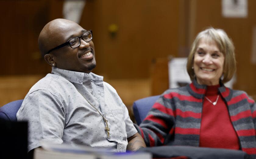 LOS ANGELES-CA-FEBRUARY 27, 2024: Jofama Coleman, who served 18 years in prison for a crime he didn't commit, is exonerated at Clara Shortridge Foltz Criminal Justice Center in downtown Los Angeles with his attorney Ellen Eggers by his side on February 27, 2024. (Christina House / Los Angeles Times)