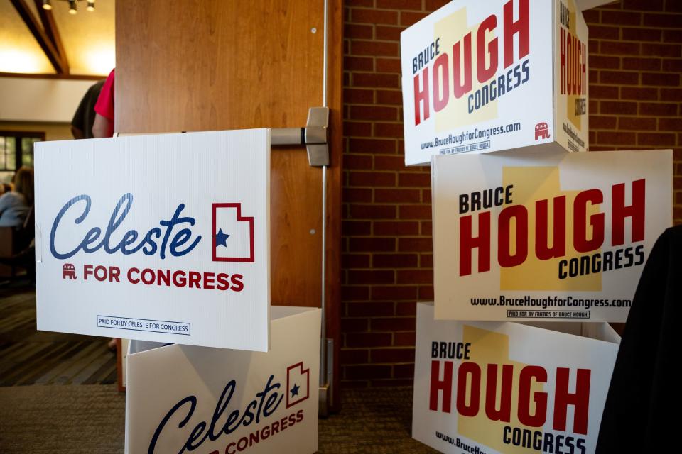 Signage for candidates Celeste Maloy and Bruce Hough welcome people to the first of 10 debates for the Republican primary race to replace Rep. Chris Stewart, R-Utah, at Farmington City Hall on Friday, Aug. 4, 2023. | Spenser Heaps, Deseret News