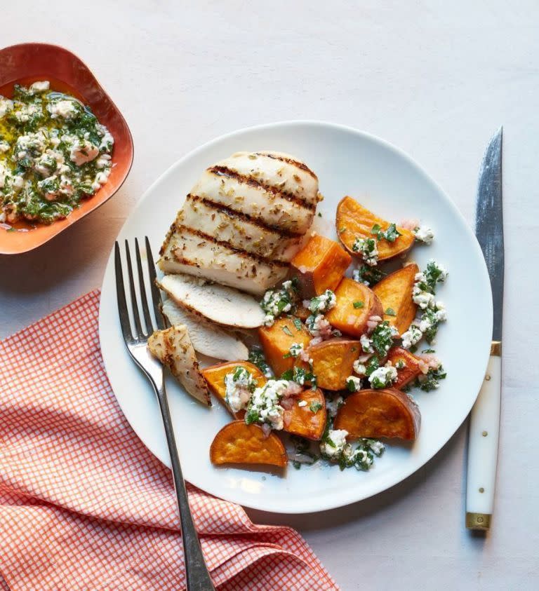 Sweet Potatoes and Feta Salsa Verde