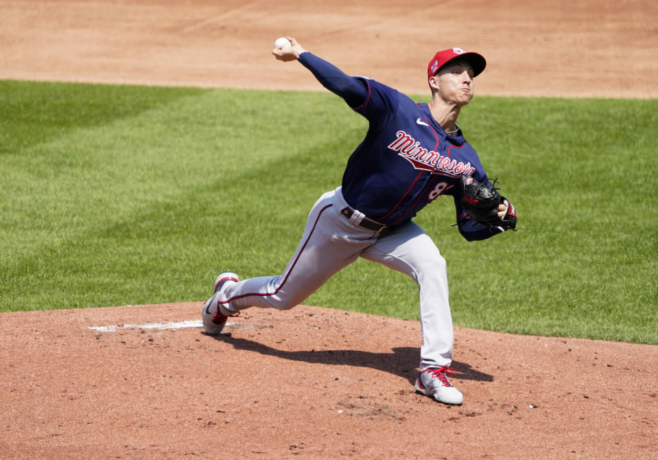 Minnesota Twins starting pitcher Jax Griffin throws in the first inning during a baseball game against the Kansas City Royals, Saturday July 3, 2021, in Kansas City, Mo. (AP Photo/Ed Zurga)