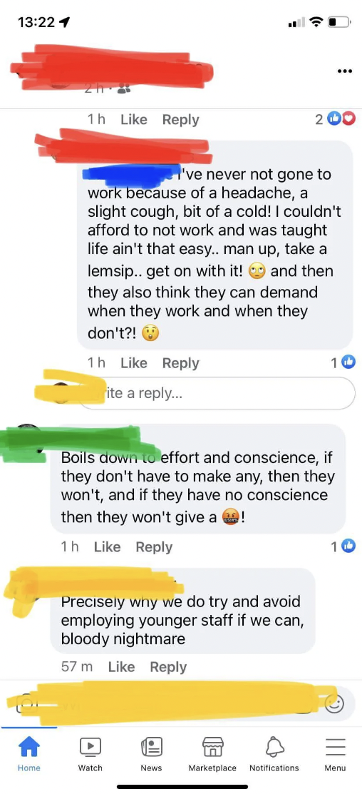 The boss rants about young employees calling in sick, and other people respond to the post to say they don't employ young people for this reason