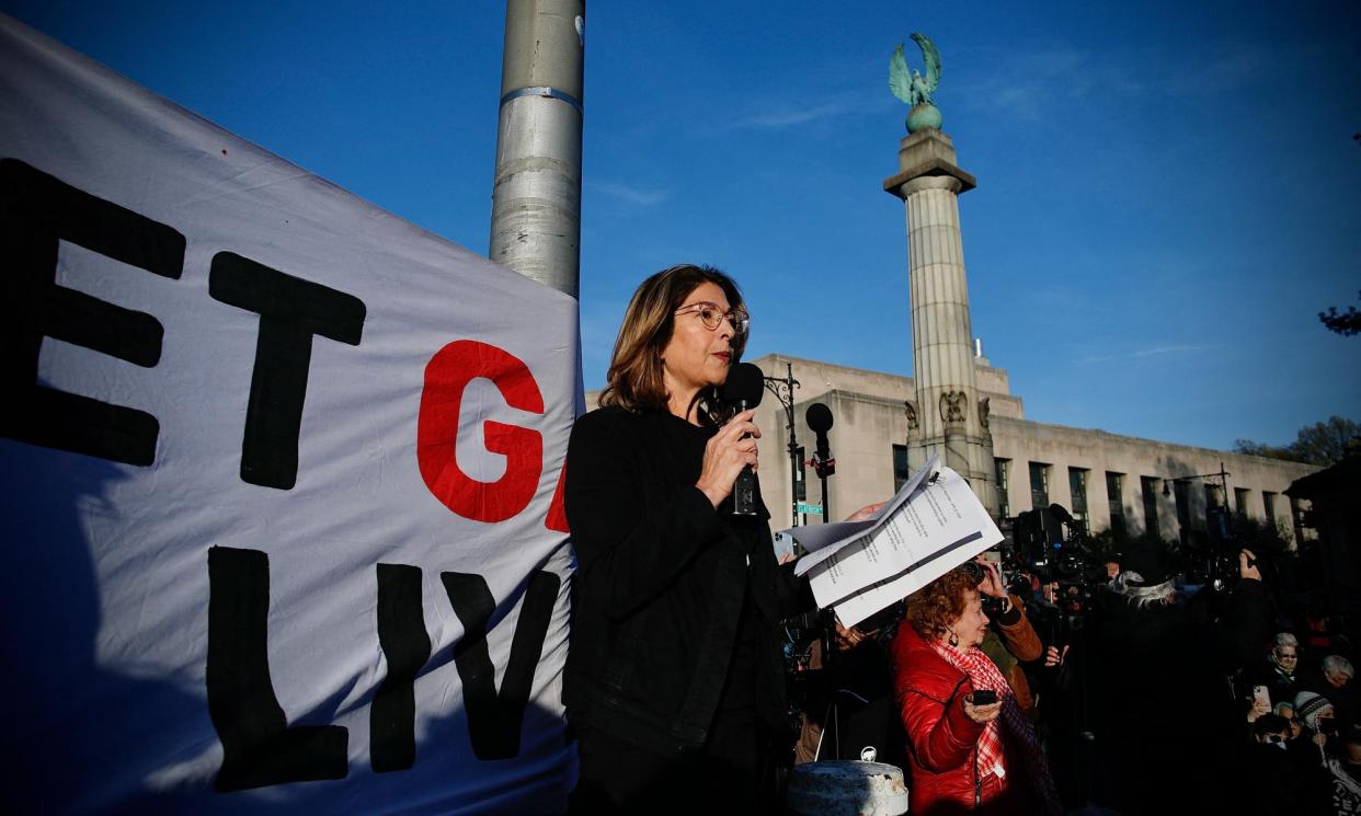 <span>Naomi Klein speaks to Jewish protesters calling for the US to stop arming Israel at a demonstration in Brooklyn, New York, on 23 April. The transcript of Klein’s speech was <a href="https://www.theguardian.com/commentisfree/2024/apr/24/zionism-seder-protest-new-york-gaza-israel" rel="nofollow noopener" target="_blank" data-ylk="slk:published as an article;elm:context_link;itc:0;sec:content-canvas" class="link rapid-noclick-resp">published as an article</a> by the Guardian.</span><span>Photograph: Kena Betancur/AFP/Getty Images</span>