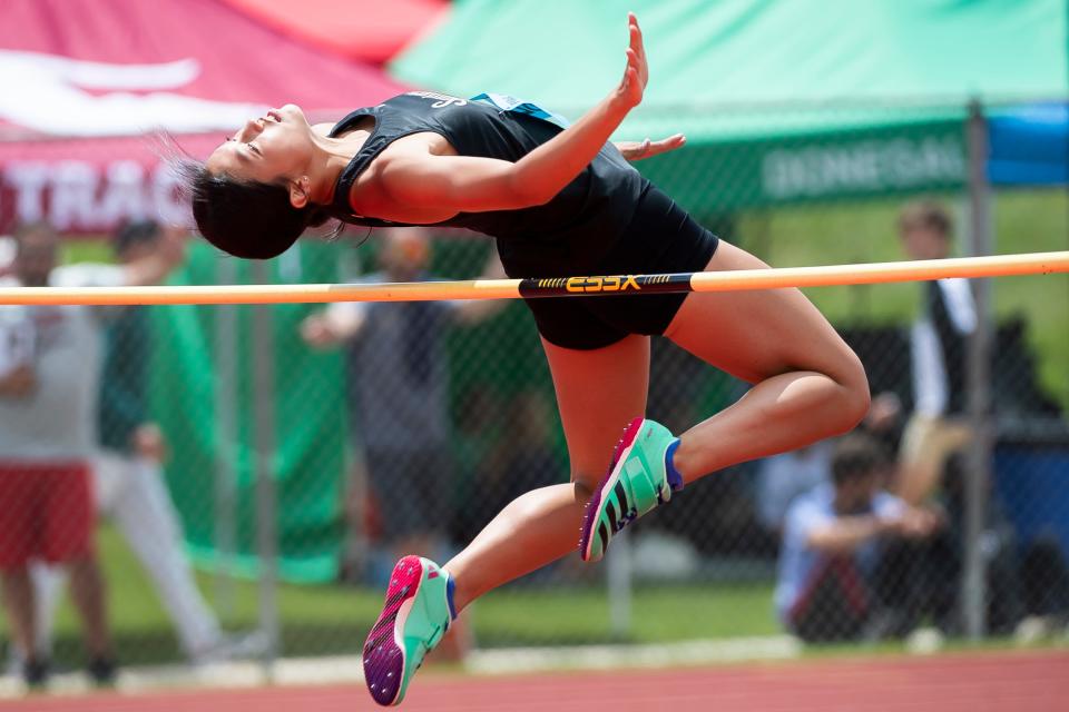 Delone Catholic's Fina Mochi competes in the 2A high jump at the PIAA District 3 Track and Field Championships at Shippensburg University Friday, May 19, 2023. Mochi won bronze with a mark of 5-0.