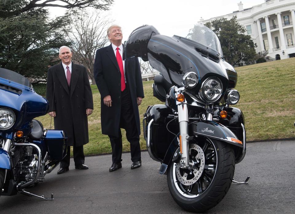 Trump jokes with reporters after greeting Harley-Davidson executives and union representatives on the South Lawn of the White House on Feb. 2, 2017, prior to a luncheon with them.