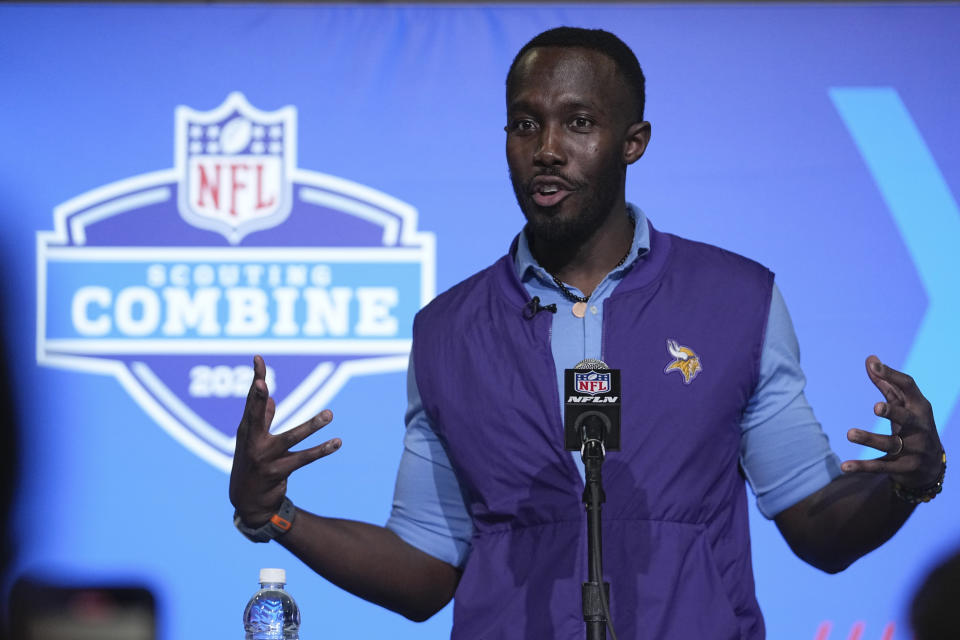 Minnesota Vikings general manager Kwesi Adofo-Mensah speaks during a news conference at the NFL football scouting combine, Tuesday, Feb. 28, 2023, in Indianapolis. (AP Photo/Darron Cummings)