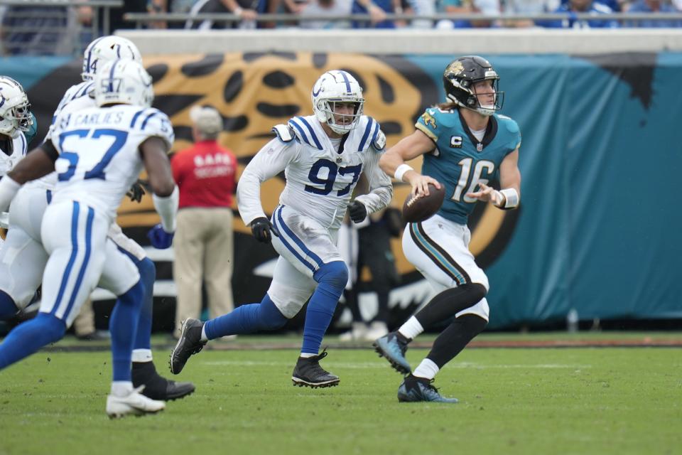 Jacksonville Jaguars quarterback Trevor Lawrence (16) throws during the second half of an NFL football game against the Indianapolis Colts, Sunday, Oct. 6, 2024, in Jacksonville, Fla. (AP Photo/John Raoux)