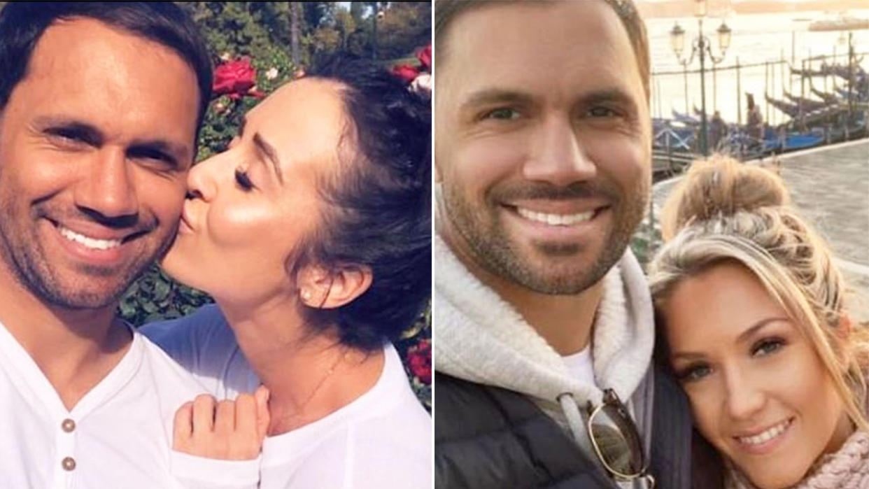 Josh Hill is pictured with Kara Wicks on the left and fiancee Jo Duffy on the right. Pic: Instagram   