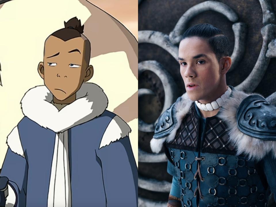 right: sokka in avatar, wearing a blue overcoat and with a skeptical expression on his face, his hair pulled into a ponytail with an undercut; right: ian ousley as live-action sokka, wearing blue armor with furs and looking intently