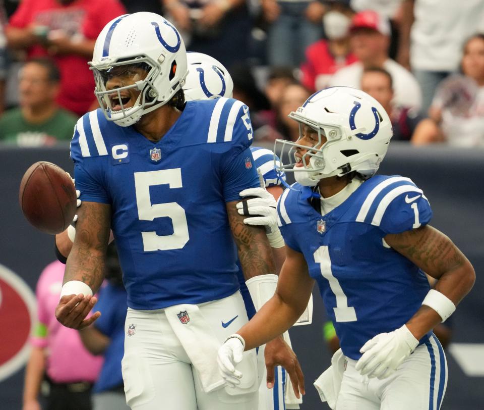Indianapolis Colts quarterback Anthony Richardson (5) celebrates after rushing for a touchdown Sunday, Sept. 17, 2023, during a game against the Houston Texans at NRG Stadium in Houston