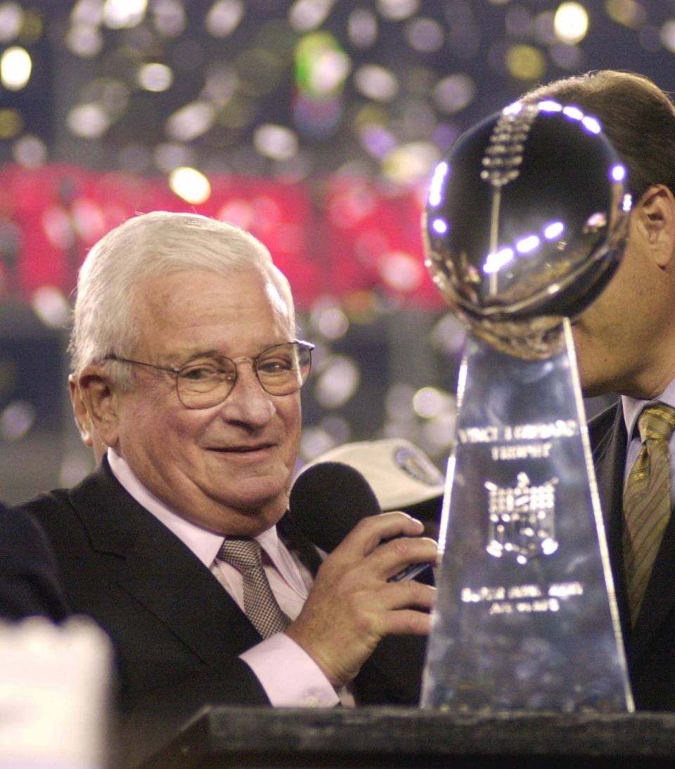 FILE - In this Jan. 28, 2001 file photo, Baltimore Ravens owner Art Modell celebrates with the Vince Lombardi Trophy after the Ravens beat the New York Giants 34-7 in Super Bowl XXXV in Tampa, Fla. The Ravens said Modell died early Thursday, Sept. 6, 2012 at Johns Hopkins Hospital, where he had been admitted Wednesday. He was 87. (AP Photo/Dave Martin, File)