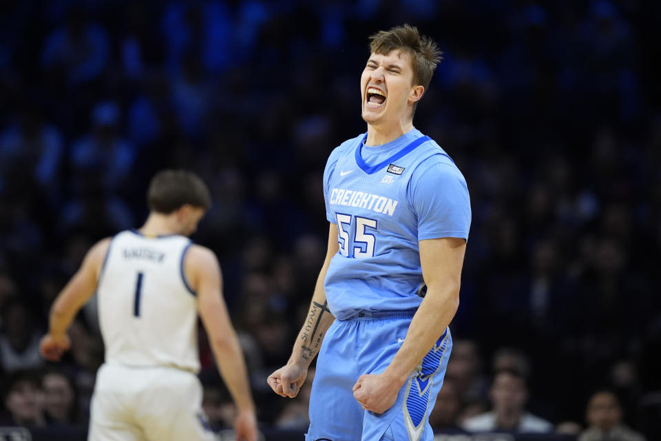 Creighton's Baylor Scheierman reacts during the first half of an NCAA college basketball game against Villanova, Saturday, March 9, 2024, in Philadelphia. (AP Photo/Matt Slocum)