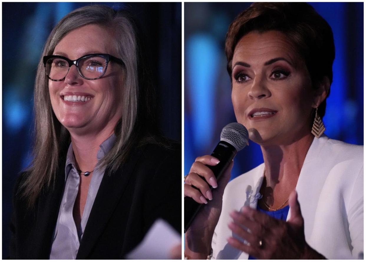 Katie Hobbs and Kari Lake at a forum hosted by the Arizona Chamber of Commerce on Sept. 9, 2022, in Phoenix.