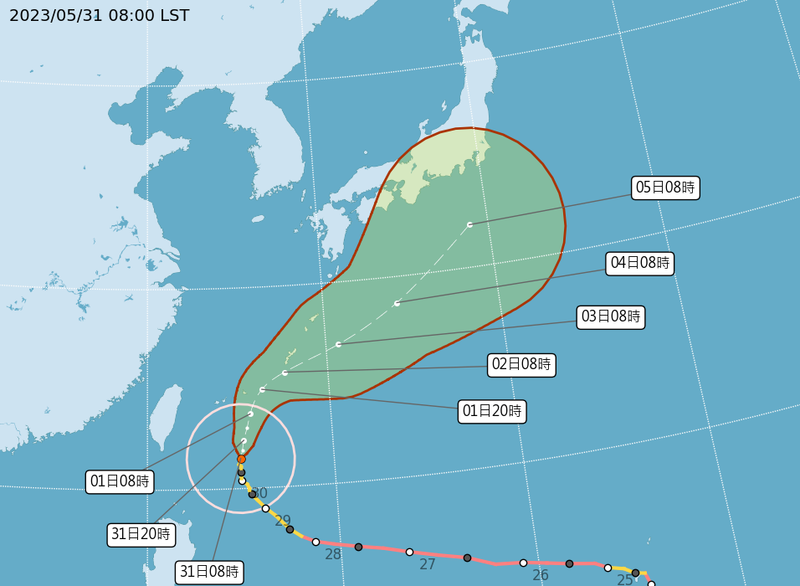 瑪娃颱風過去3小時強度稍減弱，目前中心在鵝鑾鼻東方海面，向北轉北北東移動。（氣象局提供）