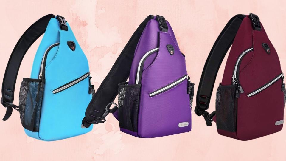 Teal purple and crimson sling backpack.