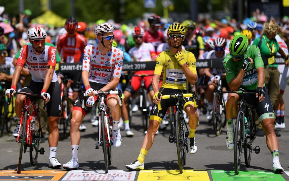 Julian Alaphilippe (yellow) found himself still caught up in a row over the proximity of the camera motorbikes - Velo