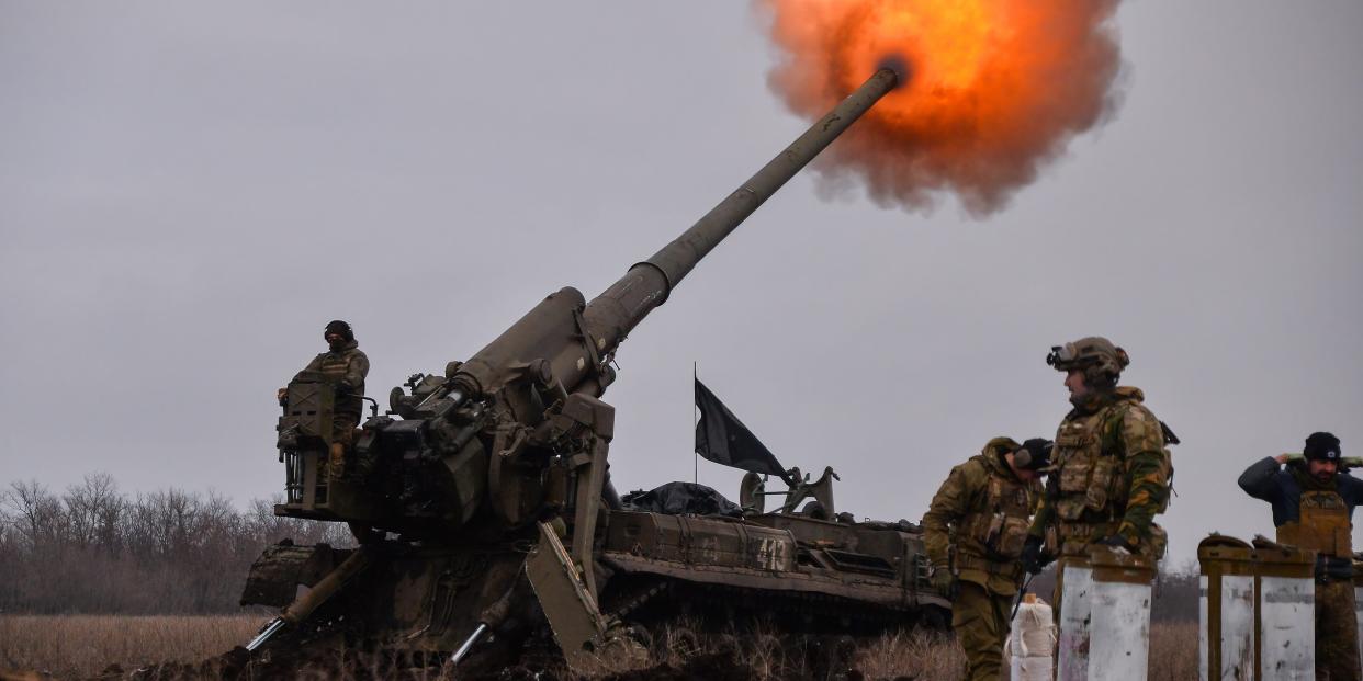 Ukrainian artillery teams fire Pions toward Russian positions in Bakhmut on Feb. 5, 2023.