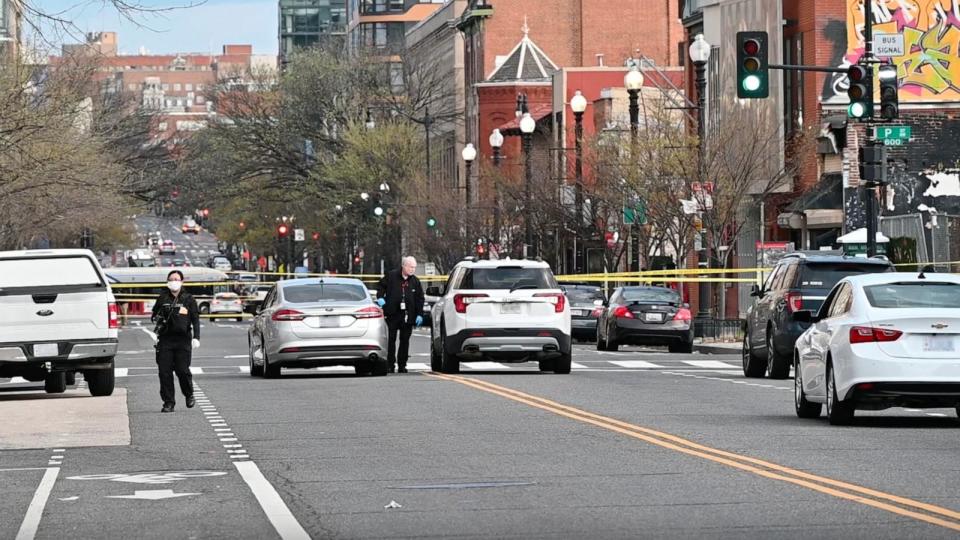 PHOTO: Police in Washington D.C. investigate a shooting on March 17, 2024, that left two people dead and five injured near the Logan Circle neighborhood in the northwest part of the city. (Kyle Mazza/UNF News)