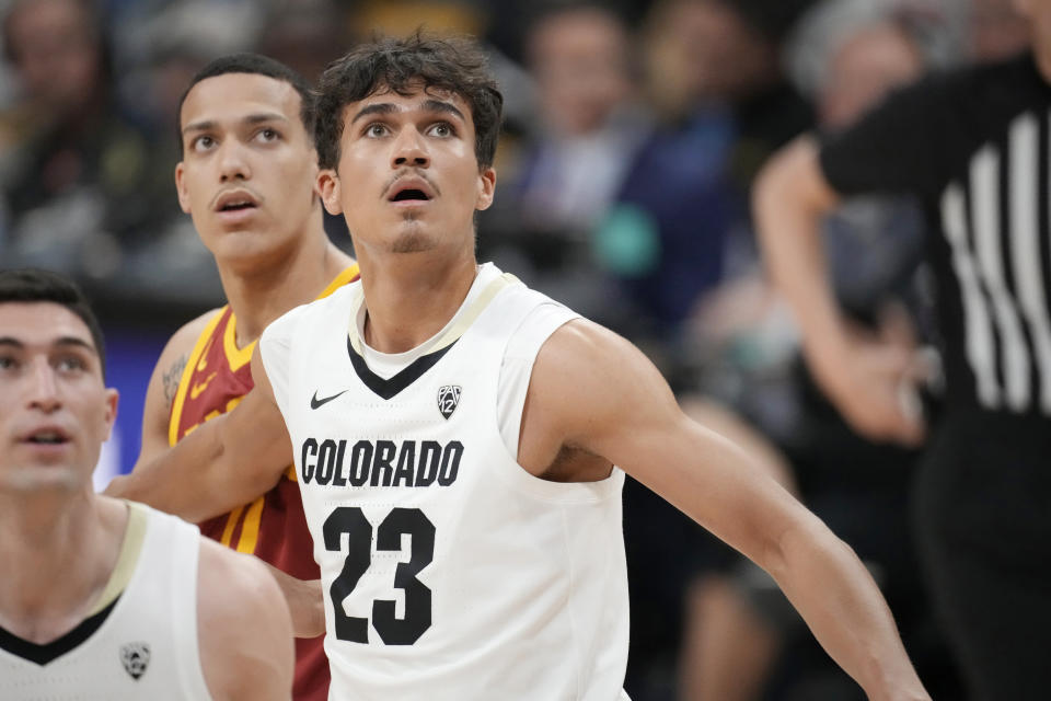 FILE - Colorado forward Tristan da Silva looks for a rebound in the first half of an NCAA college basketball game against Southern California, Thursday, Feb. 23, 2023, in Boulder, Colo. (AP Photo/David Zalubowski, File)