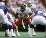 AFC linebacker Junior Seau (55) of the San Diego Chargers in action during the AFC's 21-15 loss to the NFC in the 1992 NFL Pro Bowl played on February 2, 1992 at Aloha Stadium in Honolulu, Hawaii. (Photo by Al Messerschmidt/Getty Images)