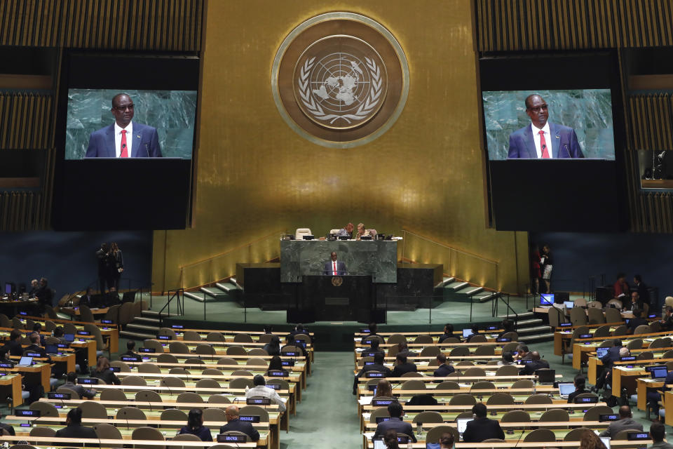 South Sudan's First Vice President Taban Deng Gai addresses the 73rd session of the United Nations General Assembly, at U.N. headquarters, Friday, Sept. 28, 2018. (AP Photo/Richard Drew)