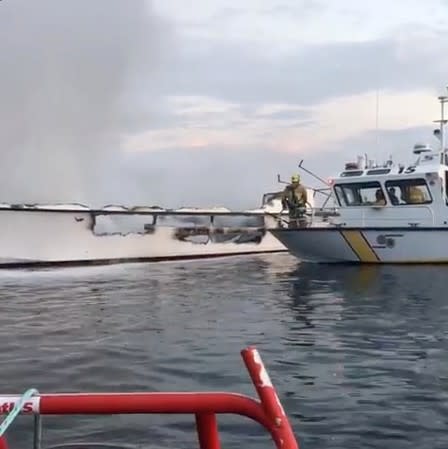 Social media video grab of the damaged Conception commercial diving vessel after a fire broke out, near Santa Cruz Island