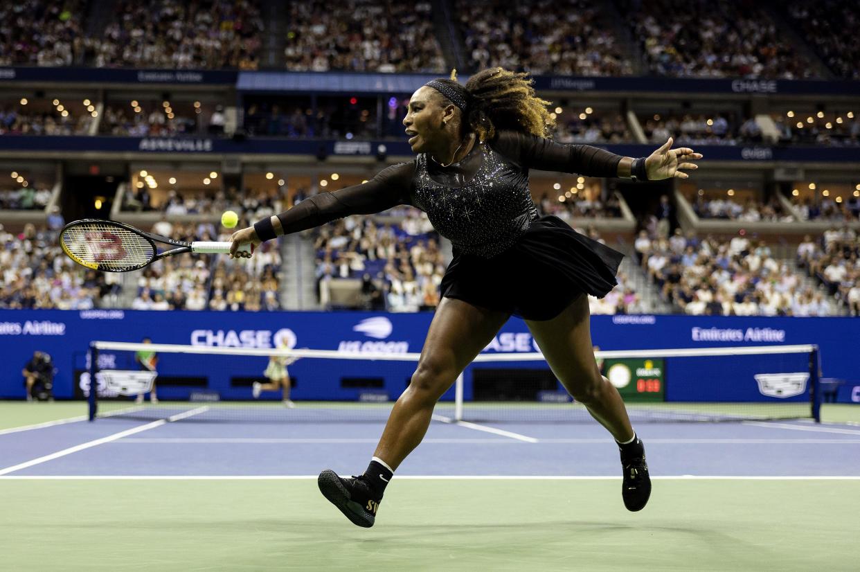 Serena Williams of the United States plays a backhand against Anett Kontaveit of Estonia in their Women's Singles Second Round match on Day Three of the 2022 U.S. Open at USTA Billie Jean King National Tennis Center on Aug. 31, 2022, in Flushing, Queens.