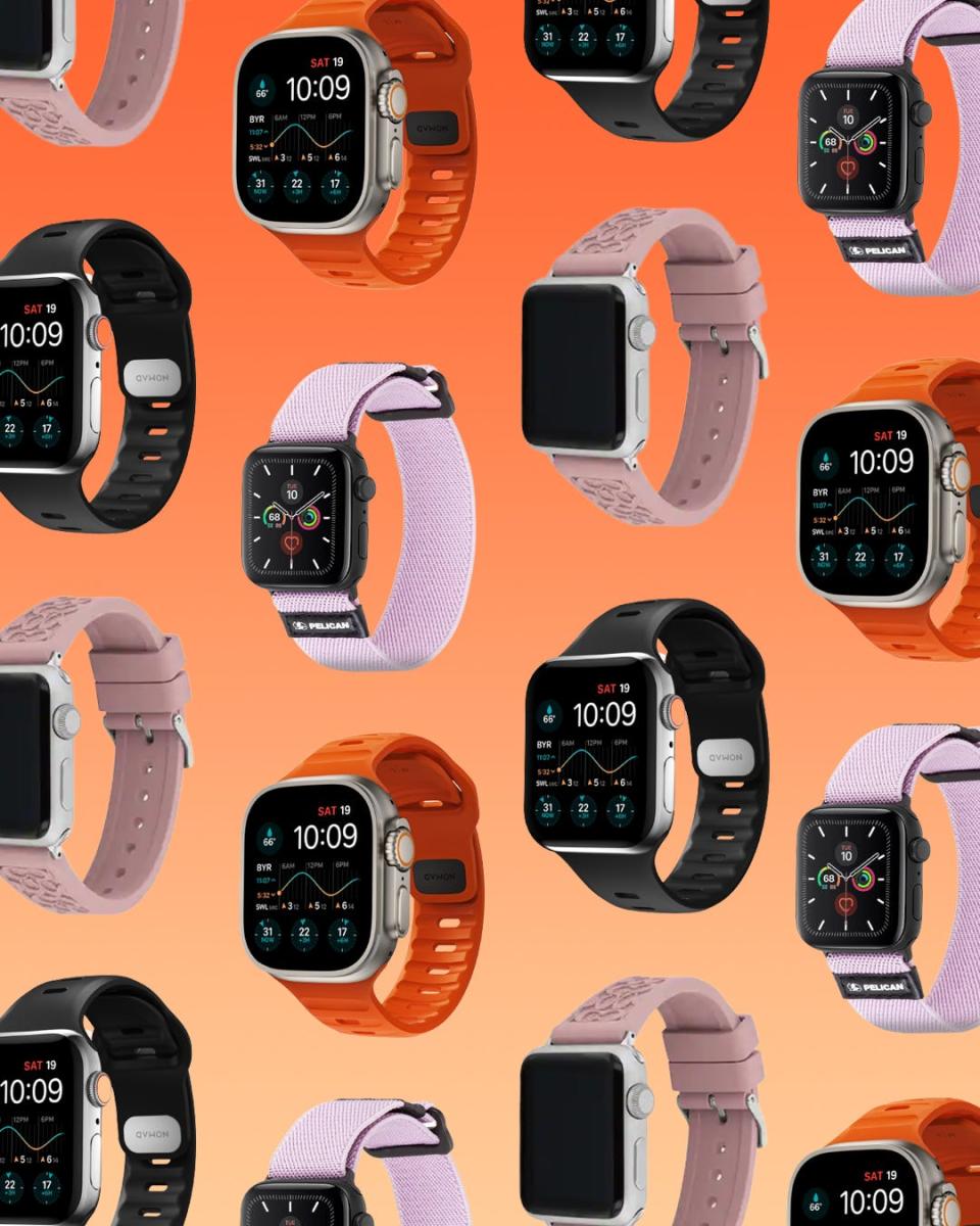 A collage of some of our picks for the best Apple watch bands for working out.