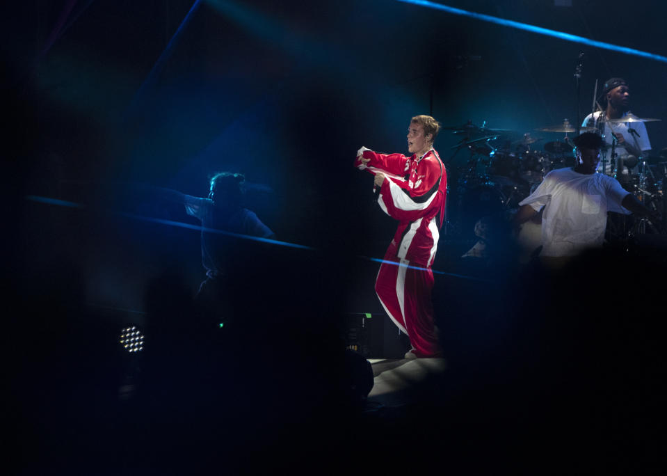 Canadian pop star Justin Bieber performs at a concert marking the end of Formula One, in Jiddah, Saudi Arabia, Sunday, Dec. 5, 2021. (AP Photo/Amr Nabil)