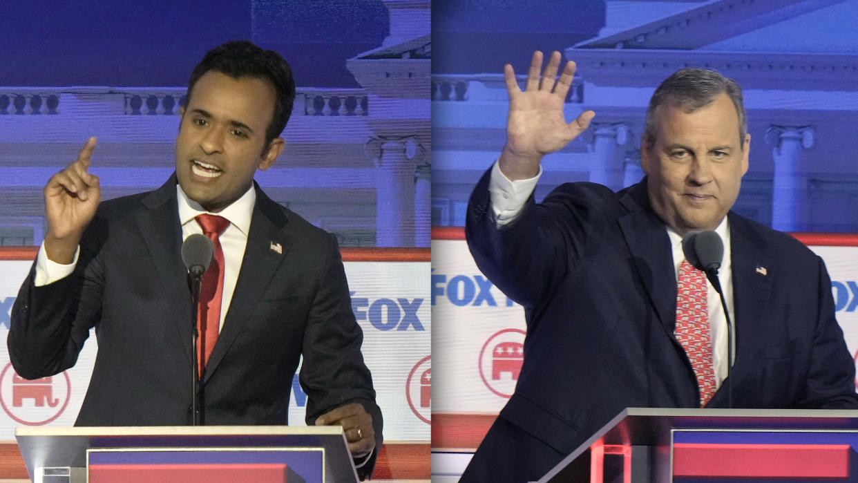 Vivek Ramaswamy and former Gov. Chris Christie at the first Republican presidential primary debate on Wednesday. (Morry Gash/AP (2))