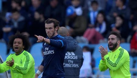 Football Soccer - Spanish Liga BBVA- Real Sociedad v Real Madrid - Anoeta, San Sebastian, Spain 30/4/16 Real Madrid's Gareth Bale celebrates a goal during match against Real Sociedad REUTERS/Vincent West