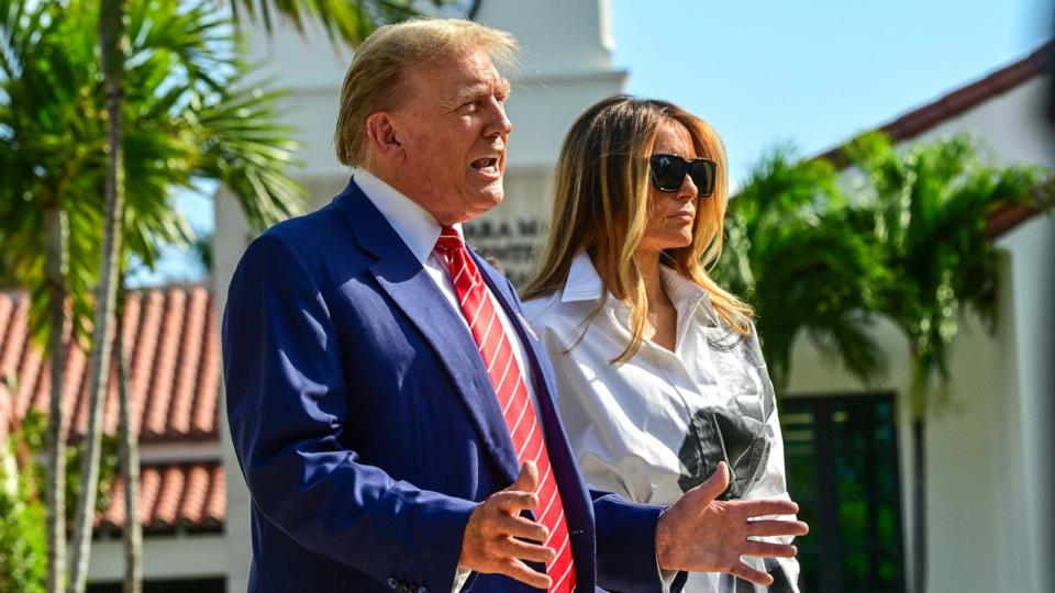 PHOTO: Former President and Republican presidential candidate Donald Trump and former First Lady Melania Trump arrive at a polling station at the Morton and Barbara Mandel Recreation Center, March 19, 2024, in Palm Beach, Fla. (Giorgio Viera/AFP via Getty Images)