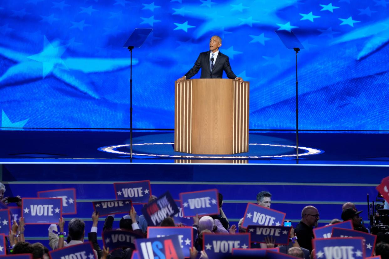 Aug 20, 2024; Chicago, IL, USA; Former President Barack Obama speaks during the second day of the Democratic National Convention at the United Center. Mandatory Credit: Jasper Colt-USA TODAY