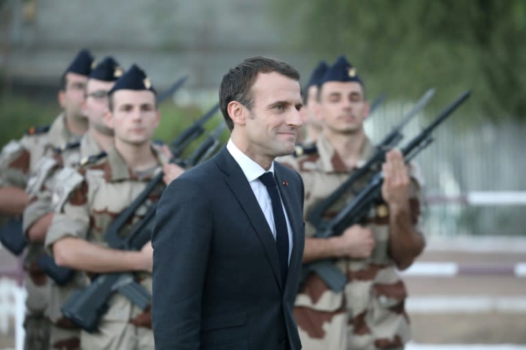 President Emmanuel Macron with French soldiers in Chad