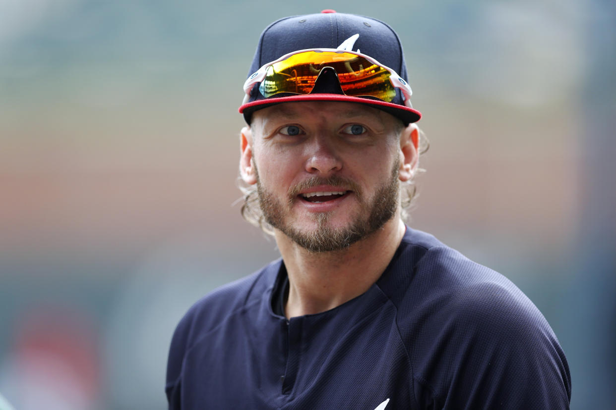 ATLANTA, GA - OCTOBER 09:  Josh Donaldson #20 of the Atlanta Braves is seen during batting practice prior to the start of Game 5 of the NLDS between the St. Louis Cardinals and the Atlanta Braves at SunTrust Park on Wednesday, October 9, 2019 in Atlanta, Georgia. (Photo by Mike Zarrilli/MLB Photos via Getty Images)