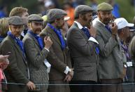 Team Europe fans wearing period costumes stand along the 15th fairway to watch the 40th Ryder Cup at Gleneagles in Scotland September 27, 2014. REUTERS/Toby Melville (BRITAIN - Tags: SPORT GOLF)