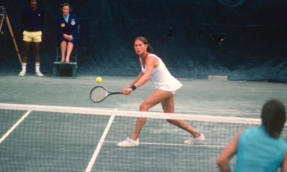 Renee Richards hits a return during the Women’s 1977 US Open Tennis Championships circa 1977