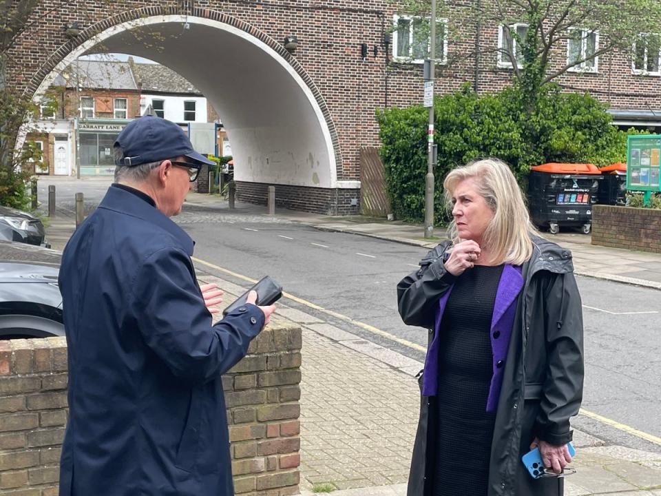 Tory mayoral candidate Susan Hall talking to a local business-owner on the Henry Prince Estate in Earlsfield, where her opponent Sadiq Khan grew up (Noah Vickers/Local Democracy Reporting Service)