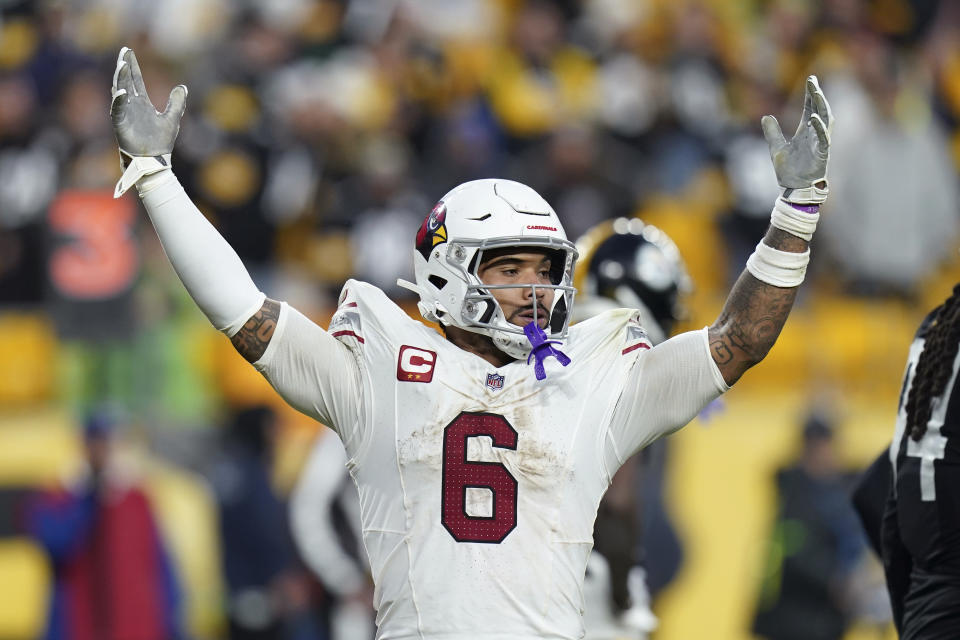 Arizona Cardinals running back James Conner celebrates his touchdown against the Pittsburgh Steelers during the second half of an NFL football game Sunday, Dec. 3, 2023, in Pittsburgh. (AP Photo/Matt Freed)