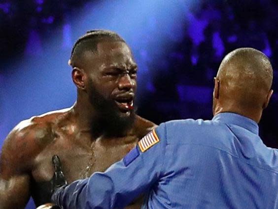 Deontay Wilder remonstrates with referee Kenny Bayliss (REUTERS)