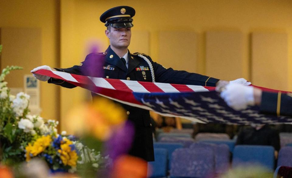 The Idaho Army National Guard Honor Guard provided the late Idaho veteran Nick Maimer with military honors, including flag folding, playing of taps by a bugler and three-volley salute.