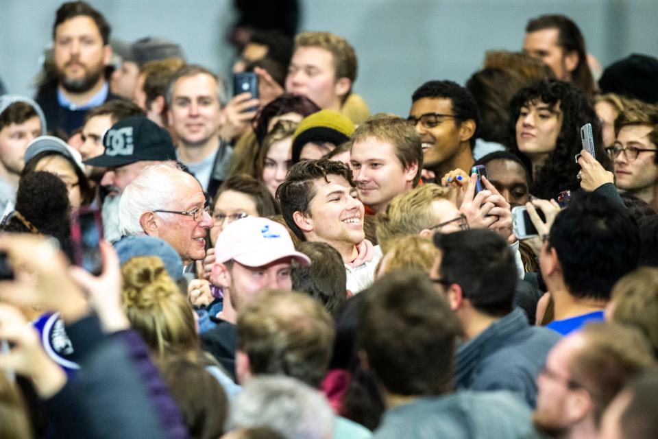 Democratic presidential candidate U.S. Sen. Bernie Sanders, I-Vt., poses for a selife with a supporter after speaking during campaign rally, Saturday, Nov., 9, 2019, at the Coralville Mariott Hotel and Conference Center, in Coralville, Iowa.