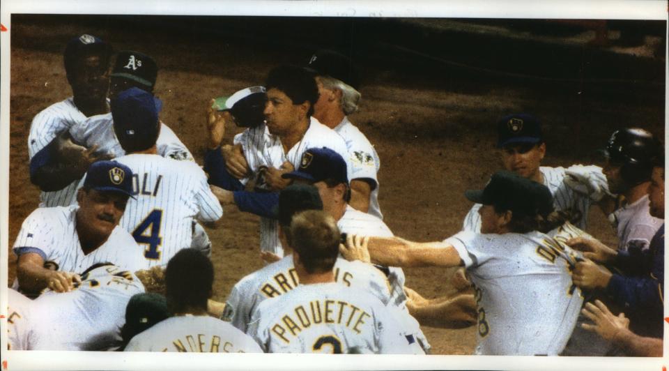 Members of the Milwaukee Brewers and Oakland Athletics get into a skirmish during a doubleheader in 1990.
