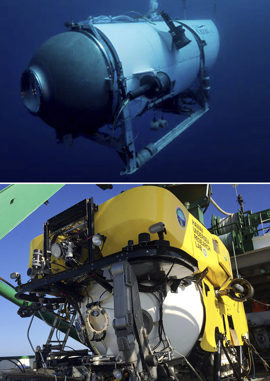 This photo combo shows OceanGate Expeditions' Titan submersible (top) and The Pisces IV submersible (bottom). The Titan, developed and operated by OceanGate Expeditions, was touted for a design that included a carbon fiber hull, an elongated cabin for crew and passengers, and more. But outside experts say the design and construction of the submersible put greater stress on its structure. (AP Photo/File)