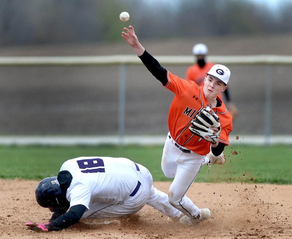 Gillespie's Luke Schuckenbrock throws the ball to first for a double play during the game against Litchfield Friday, April 5, 2024.