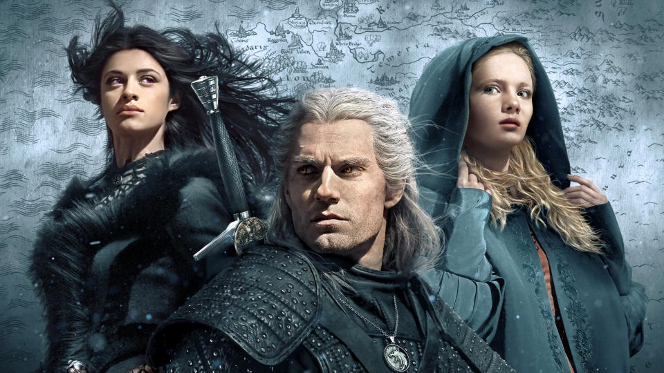 (L to R)  Anya Chalotra as Yennefer of Vengerberg, Henry Cavill as Geralt of Rivia and Freya Allan as Ciri in show art for The Witcher