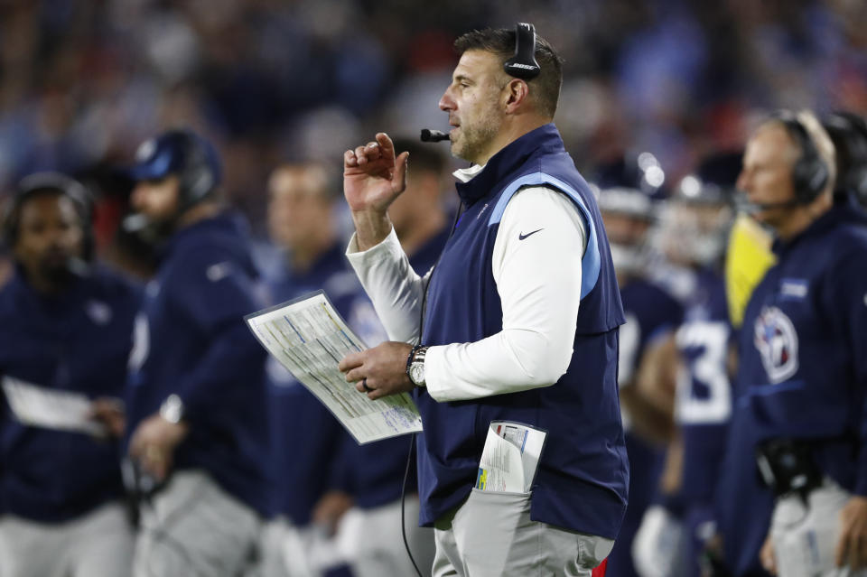 Tennessee Titans head coach Mike Vrabel watches from the sideline in the first half of an NFL football game against the San Francisco 49ers Thursday, Dec. 23, 2021, in Nashville, Tenn. (AP Photo/Wade Payne)